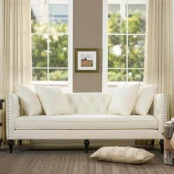 Coupon ⌛ Stanbury 82.5 in. Antique White Linen 3-Seater Tuxedo Sofa with Nailheads by Jennifer Taylor 🔥