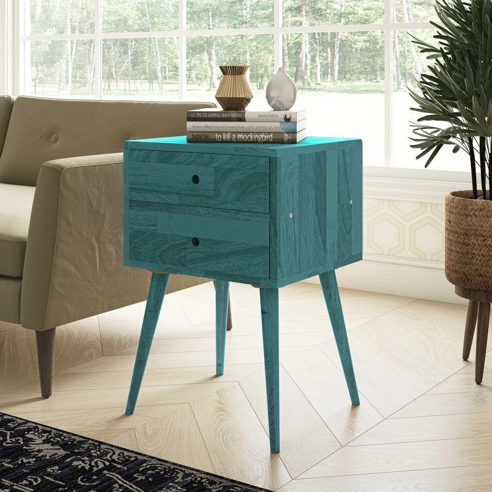 Cheapest 🥰 Freemont Blue Mid Century Modern Wood End Table with 2-Drawers by Handy Living ✨ - Image 7