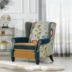 Best reviews of ⭐ Anya Blue-Teal and Yellow-Gold Floral and Leopard Velvet Boho Chic Wingback Chair by Jennifer Taylor ⭐