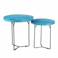 Wholesale ⭐ Nelli 20 in. W Blue Wash 22 in. H Round Wood Nesting End Tables with Iron Legs (Set of 2) by Handy Living ⌛