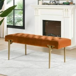 Best Sale 👍 Aria 49 x 20 x 19 in. Burnt Orange Performance Velvet Upholstered Gold Accent Bench by Jennifer Taylor 🌟