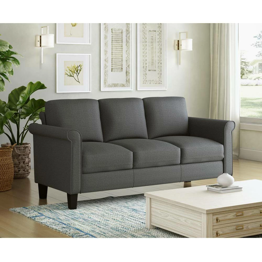 Promo 🌟 LeClaire 79 in. Charcoal Gray Textured Linen-like Fabric 3 Seat Round Arm Sofa by Handy Living ✨ - Image 8