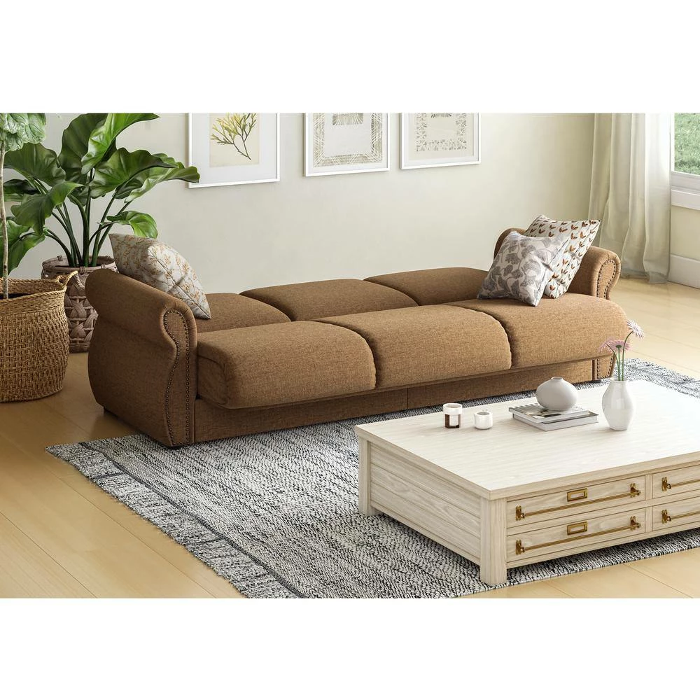 Best reviews of ๐ฏ Reyn 87 in. Wide Chestnut Brown Chenille Flared Rolled Arm 3-Seat Convert-a-Couch Full Size Sofa Bed by Handy Living ๐งจ - Image 7