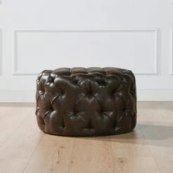 Outlet 🔔 Ace Round Tufted Accent Ottoman in Classic Brown Faux Leather by Jennifer Taylor 😀