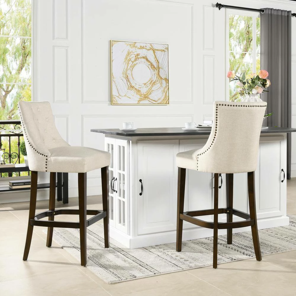 Cheapest ✔️ Laura 45.5 in. Coconut White Tufted Birch Wood 32 in. Barstool with Linen Seat by Jennifer Taylor 👏 - Image 11