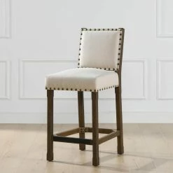 Cheapest ✔️ Laura 45.5 in. Coconut White Tufted Birch Wood 32 in. Barstool with Linen Seat by Jennifer Taylor 👏
