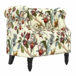 Flash Sale 🤩 Annalise Cream Multi-Floral with Birds Printed Fabric Chesterfield Arm Chair by Handy Living 😍