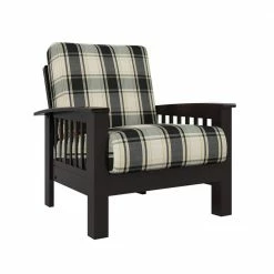 Deals ๐งจ Omaha Mission Style Dark Espresso Arm Chair with Exposed Wood Frame in Brown and Black Plaid by Handy Living ๐คฉ