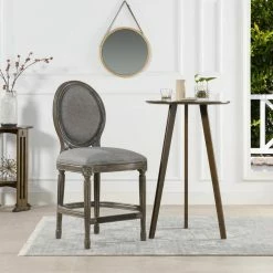Outlet ๐ Bella 26 in. Upholstered Round Back Counter Height Bar Stool, Dark Heathered Grey Linen by Jennifer Taylor ๐