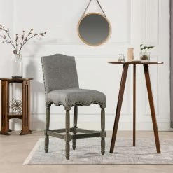 Deals 👍 Odette 26 in. Dark Heathered Grey Linen Farmhouse Upholstered Counter Height Bar Stool by Jennifer Taylor 😍