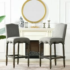 Best Sale ⌛ Odette 30 in Dark Heathered Grey High Back Wood Frame Cushioned Bar Stool with Upholstered Seat by Jennifer Taylor 🎁