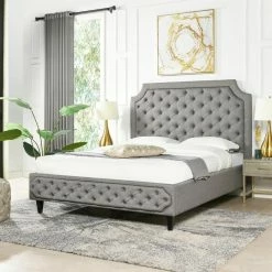 Top 10 💯 Helen 68 in. W Dark Heathered Grey Linen Tall Upholstered Tufted Platform Queen Bed Frame by Jennifer Taylor 🔥