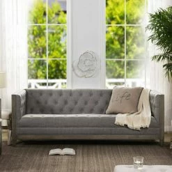 Hot Sale 🌟 Sylvan 81 in. Dark Heathered Grey Linen 3-Seater Tuxedo Sofa with Nailheads by Jennifer Taylor 👏