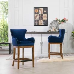 Flash Sale ๐ Blake 40.75 in. Deep Blue Tight Back Oak Wood 28 in. Barstool with Velvet Seat by Jennifer Taylor ๐ฅ