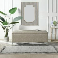 New 😍 Madelyn Dove Gray Faux Leather Modern Storage Bench 20 in. H x 49 in. W x 20 in. D by Jennifer Taylor ⌛