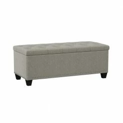 Best deal 😀 Tufted Wall Hugger Dove Gray Linen Bench Storage Ottoman 19 in. H x 48 in. W x 21.75 in. D by Handy Living 🧨