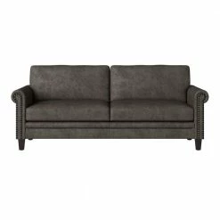 Cheapest 🎁 Fulton 79.8 in. Fog Gray Distressed Faux Leather 3-Seater Lawson Sofa with Removable Cushions by Handy Living 💯