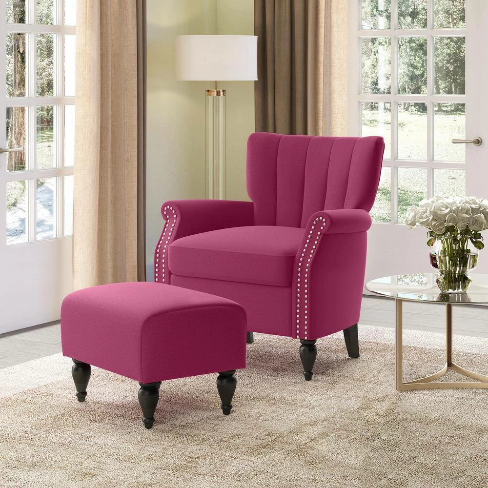 Best Sale 💯 Duncan Fuchsia Pink Velour Channel Tufted Rolled Arm Chair and Ottoman Set by Handy Living 😀 - Image 12