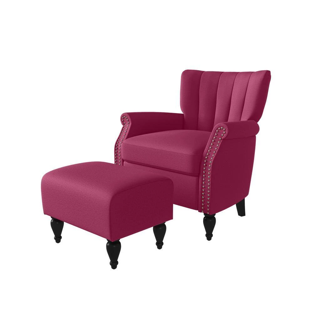 Best Sale 💯 Duncan Fuchsia Pink Velour Channel Tufted Rolled Arm Chair and Ottoman Set by Handy Living 😀 - Image 3