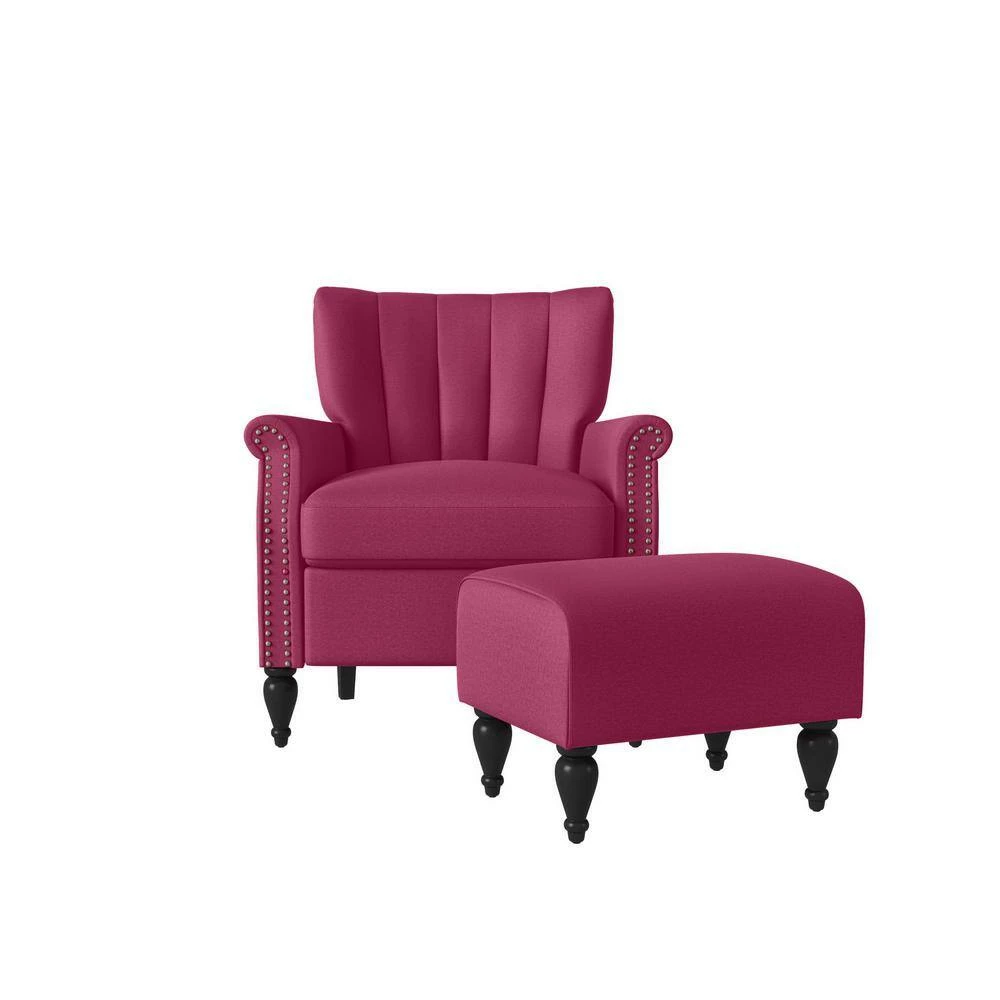 Best Sale 💯 Duncan Fuchsia Pink Velour Channel Tufted Rolled Arm Chair and Ottoman Set by Handy Living 😀 - Image 7