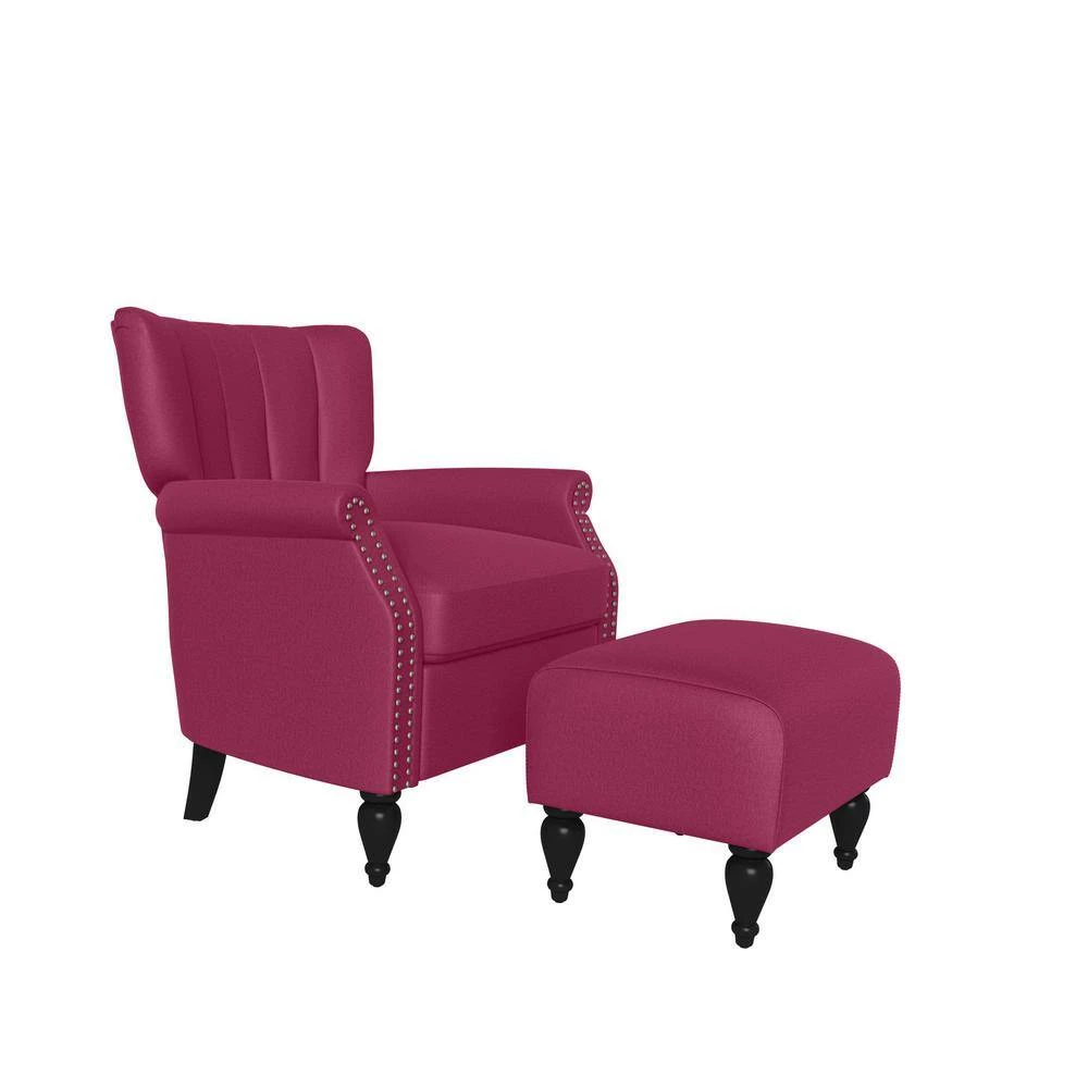 Best Sale 💯 Duncan Fuchsia Pink Velour Channel Tufted Rolled Arm Chair and Ottoman Set by Handy Living 😀