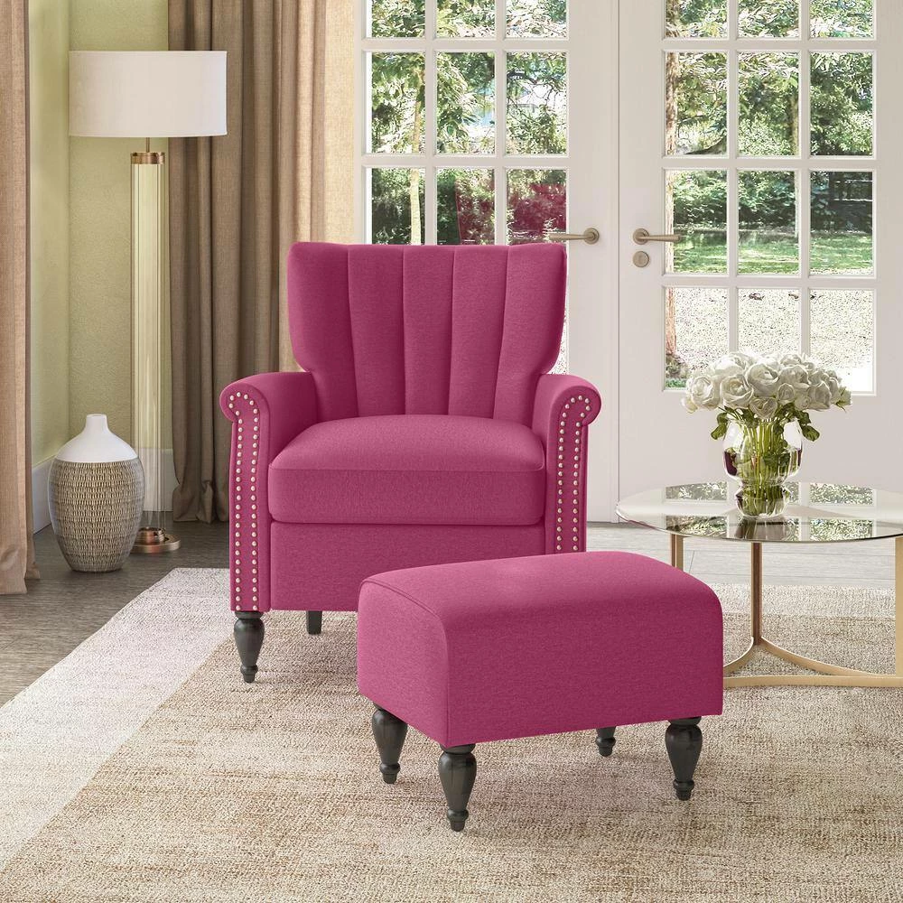Best Sale 💯 Duncan Fuchsia Pink Velour Channel Tufted Rolled Arm Chair and Ottoman Set by Handy Living 😀 - Image 6