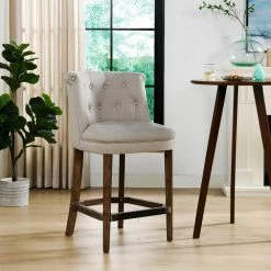 Coupon 🎁 Emma 39 in. Greige Gray Tufted Rubber Wood 27 in. Counter Height Bar Stool with Linen Seat by Jennifer Taylor 😍