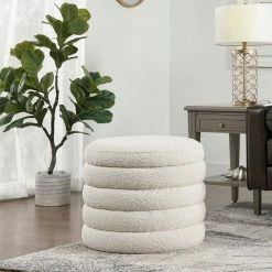 Deals ❤️ Fuji Ivory White Boucle Round Storage Ottoman by Jennifer Taylor 🔔