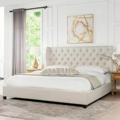 Brand new ✔️ Manhattan Shelter King Platform Bed Frame, Light Beige Linen by Jennifer Taylor 😍