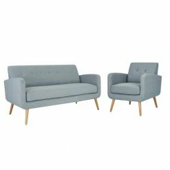 Cheap 😉 Kingston Mid Century Modern Sofa and Arm Chair Set in Light Blue Textured Linen by Handy Living 💯