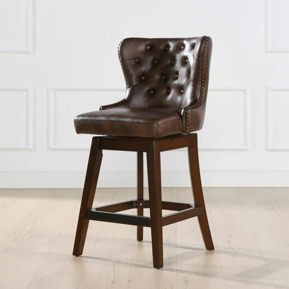 Budget ✔️ Holmes Tufted Mid Brown Faux Leather High-Back 360 Swivel Counter-Height Barstool by Jennifer Taylor 🔥 - Image 10