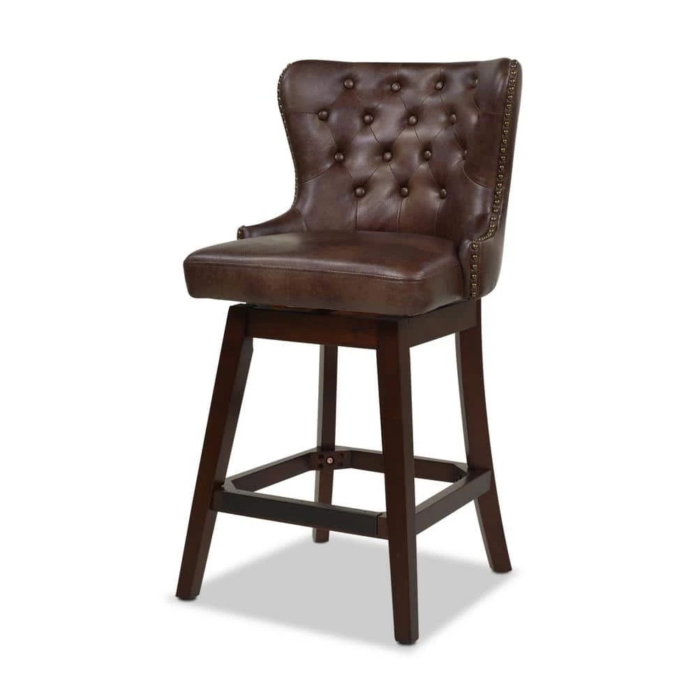 Budget ✔️ Holmes Tufted Mid Brown Faux Leather High-Back 360 Swivel Counter-Height Barstool by Jennifer Taylor 🔥