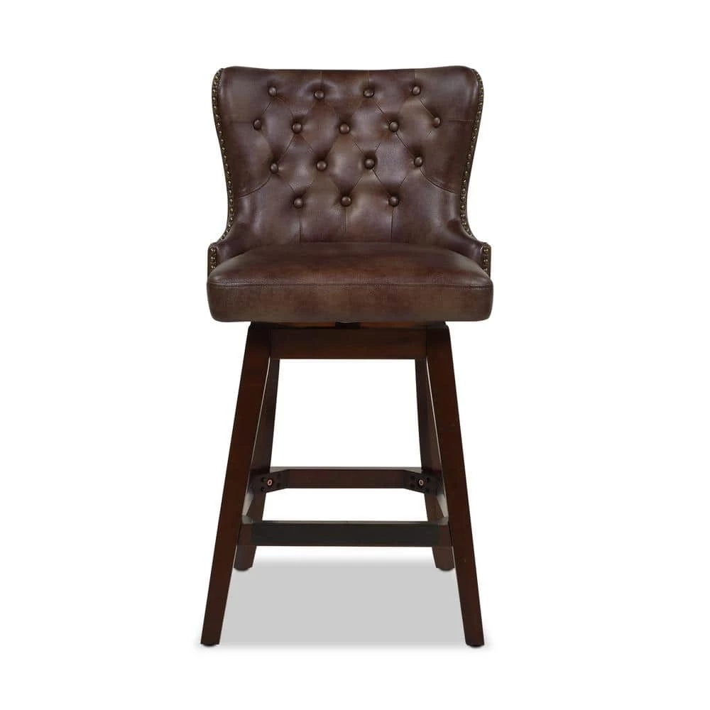 Budget ✔️ Holmes Tufted Mid Brown Faux Leather High-Back 360 Swivel Counter-Height Barstool by Jennifer Taylor 🔥 - Image 2