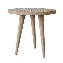 Outlet 👏 Icaria 17.75 in. W Natural Hand Painted Boho-Inspired Stylized Leaves 19.75 in. H Round Wood End Table by Handy Living 😍