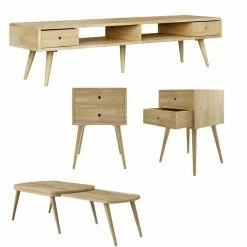 Best reviews of 🔥 Freemont 4-piece Natural Solid Wood Table Set with Nesting Cocktail Table, 2-End Tables with Drawers and TV Stand by Handy Living 🌟