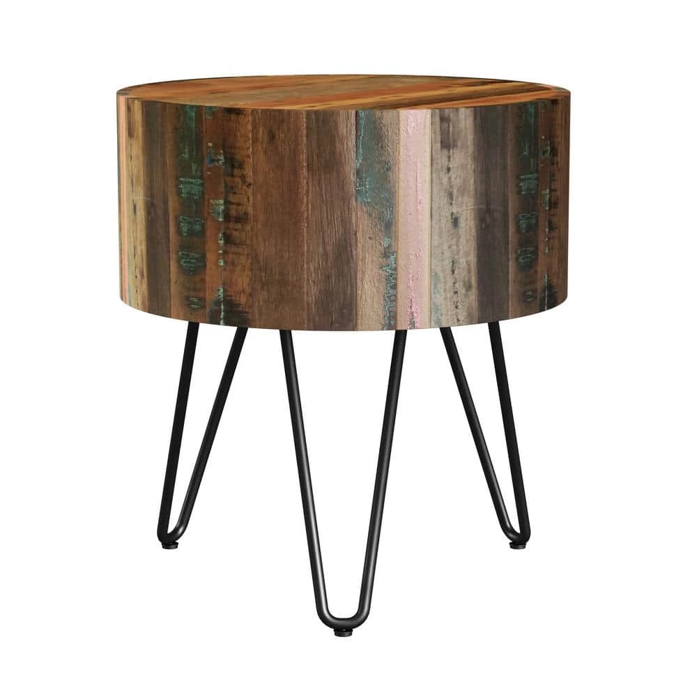 Top 10 👏 Noleta 20 in. W Natural with Multi-Color Wash 22 in. H Round Old Reclaimed Wood End Table with Black Iron Hairpin Legs by Handy Living 👏