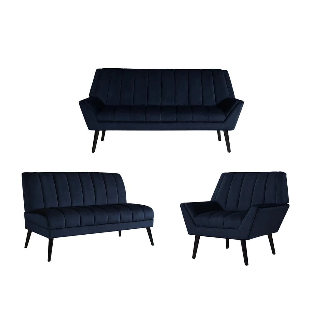 Discount 🔥 Omundson 3-Piece Navy Blue Velvet Mid Century Modern Sofa, Loveseat and Chair Set by Handy Living 🤩