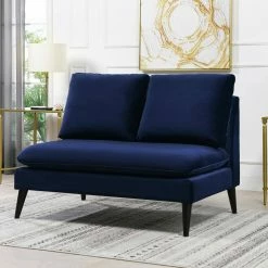 Hot Sale 🤩 Vera 48.5 in. Navy Blue Velvet Upholstered Mid-Century Modern Settee by Jennifer Taylor 😉
