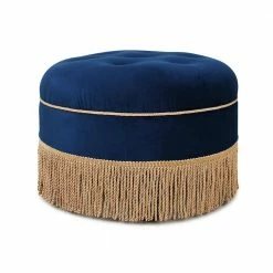 Promo 😍 Yolanda Navy Blue Velvet Round Accent Ottoman with Gold Trim by Jennifer Taylor 😉