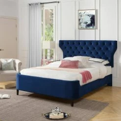 Flash Sale 🤩 Robyn Navy Blue Velvet Queen Tufted Curved Back Headboard Panel Bed Set by Jennifer Taylor ✨