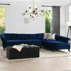 Best Pirce 🤩 Victoria Navy Blue Channel Tufted-Velvet 4-Seater L-Shaped Right-Facing Sectional Sofa with Wood Legs by Jennifer Taylor ✨