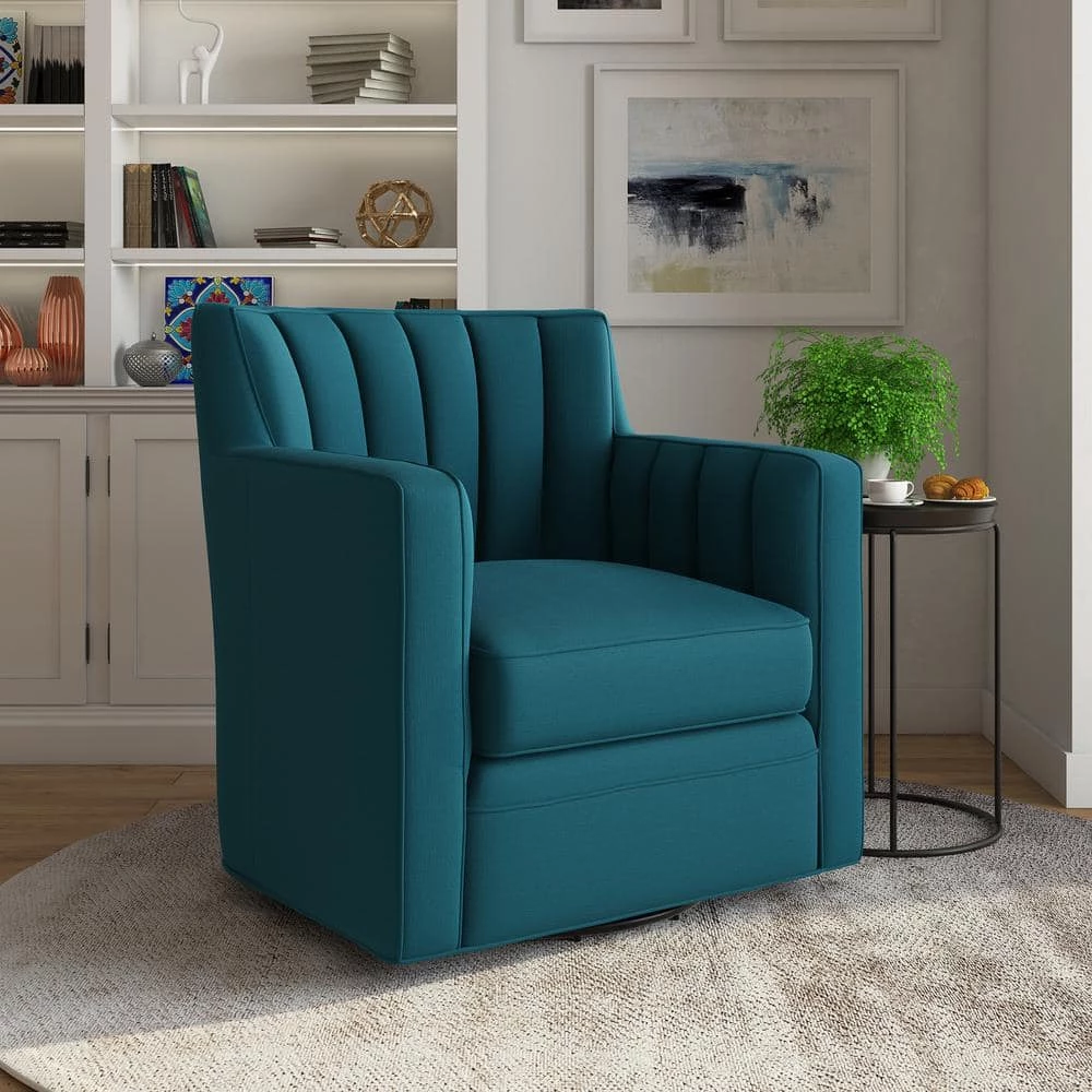 Deals 🎁 Sanderson Peacock Blue Linen-Like Fabric Swivel Arm Chair by Handy Living 😍 - Image 8