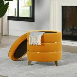 Best Pirce 🧨 Midas 16 in. Rich Yellow Performance Velvet Round Accent Storage Ottoman by Jennifer Taylor 🎉