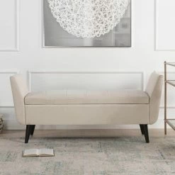 Hot Sale ✨ Duff Mid-Century Modern Upholstered Sky Neutral Beige Entryway Storage Bench by Jennifer Taylor 👍