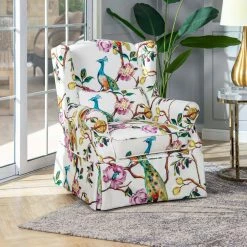 Best Sale 😉 Indie 33 in. Slipcovered Wingback 👗 Skirted Arm Chair, Teal Blue Peacock and Pink White Floral Polyester by Jennifer Taylor 😉