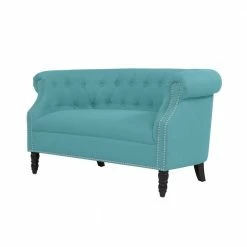 Best Pirce 👍 Millstreet 54 in. Turquoise Blue Linen-like Fabric 2 Seat Chesterfield Loveseat by Handy Living 😍