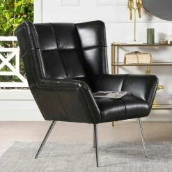 Buy 🛒 Gerald Mid-Century Modern Tufted Wingback Armchair, Vintage Black Brown Faux Leather by Jennifer Taylor 💯