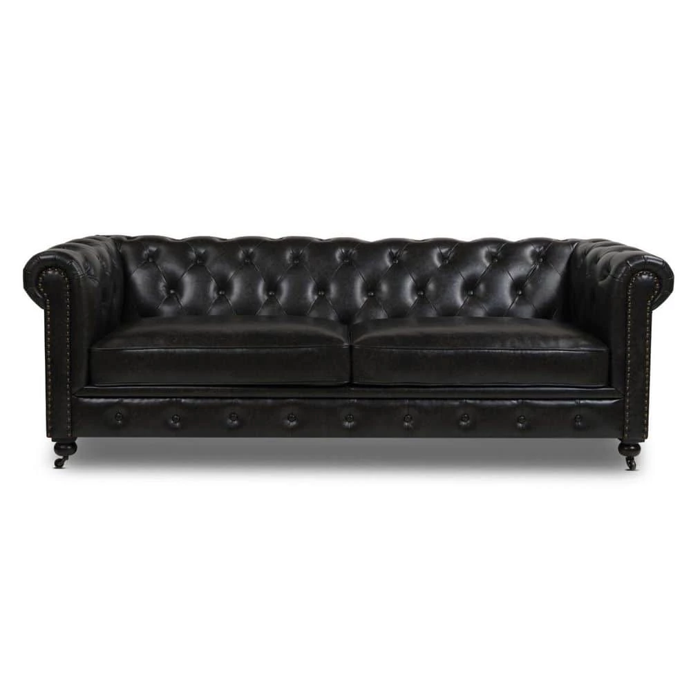 Wholesale 🛒 Winston 38 in. Vintage Black Faux Leather 3-Seater Chesterfield Sofa with Nailheads by Jennifer Taylor ❤️ - Image 4