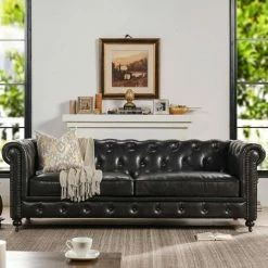 Wholesale 🛒 Winston 38 in. Vintage Black Faux Leather 3-Seater Chesterfield Sofa with Nailheads by Jennifer Taylor ❤️