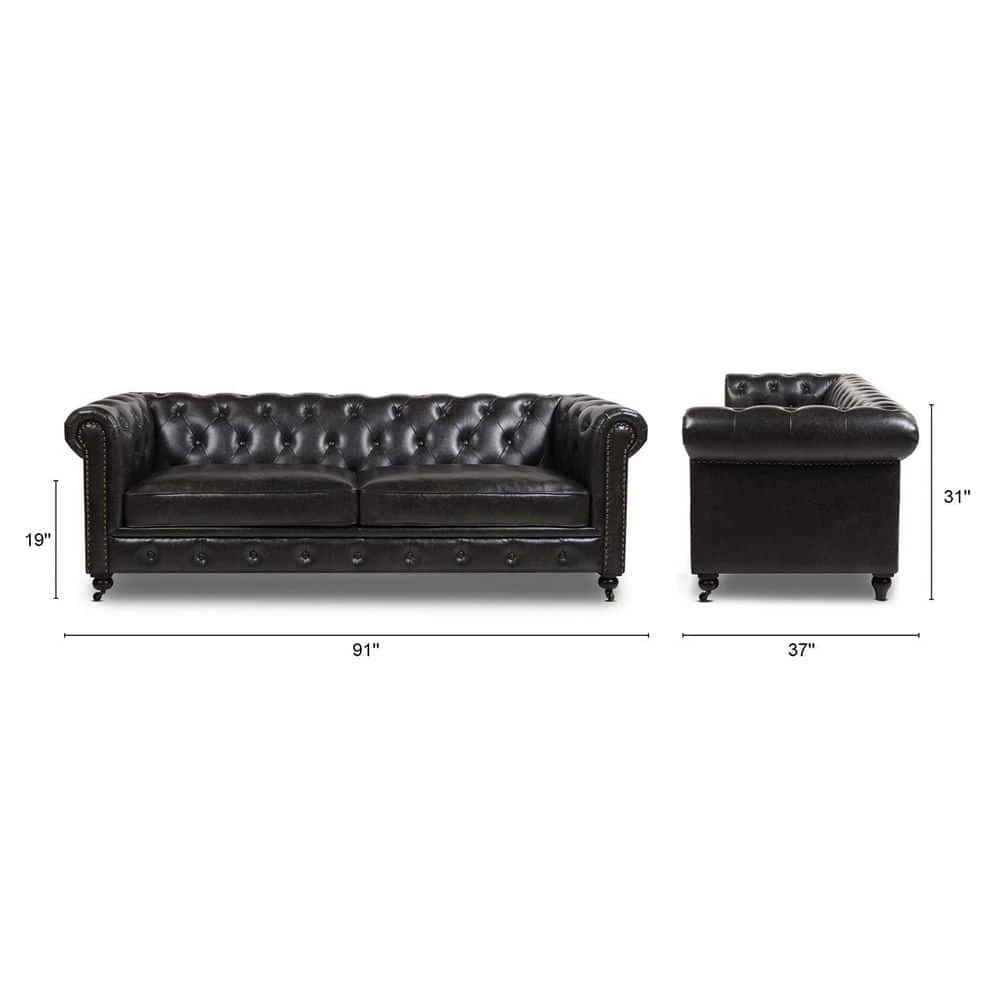 Wholesale 🛒 Winston 38 in. Vintage Black Faux Leather 3-Seater Chesterfield Sofa with Nailheads by Jennifer Taylor ❤️ - Image 3